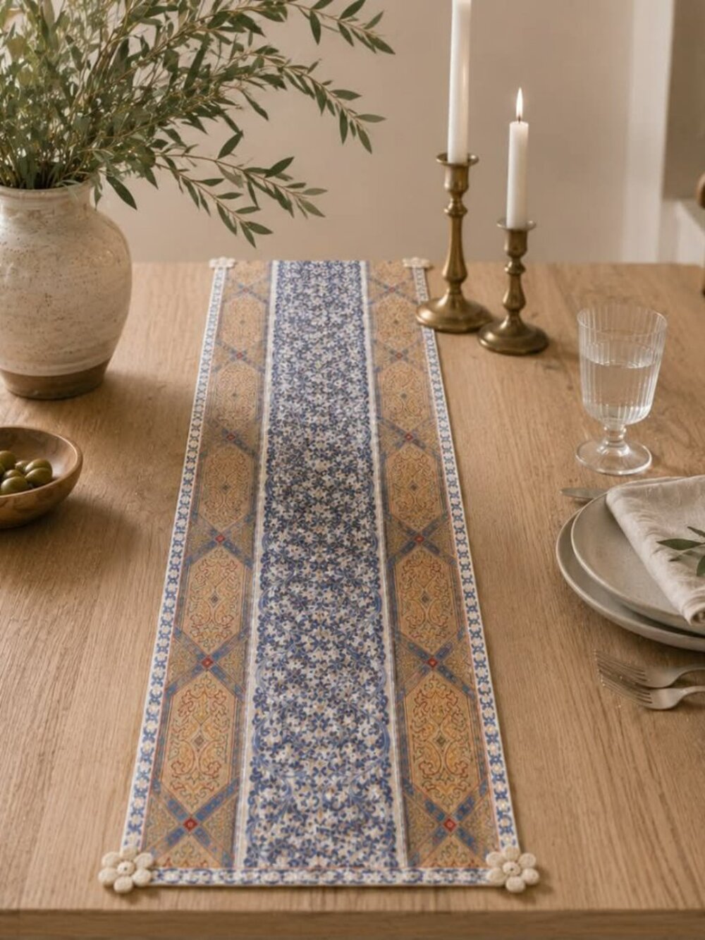 Handmade Mediterranean Table Runner Cotton Reversible Artisan Decor
